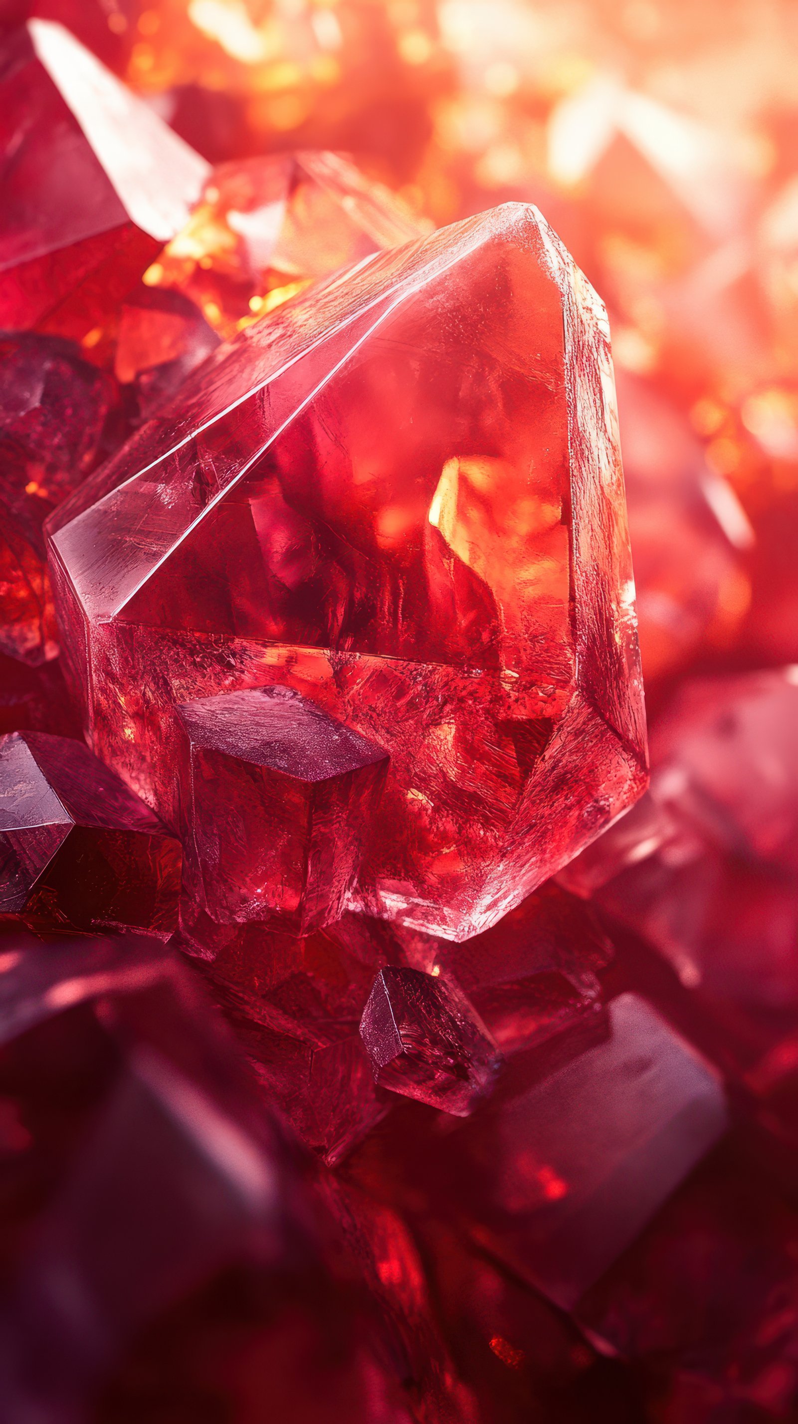 Glimmering red crystals illuminated by warm light creating a captivating display in a natural setting